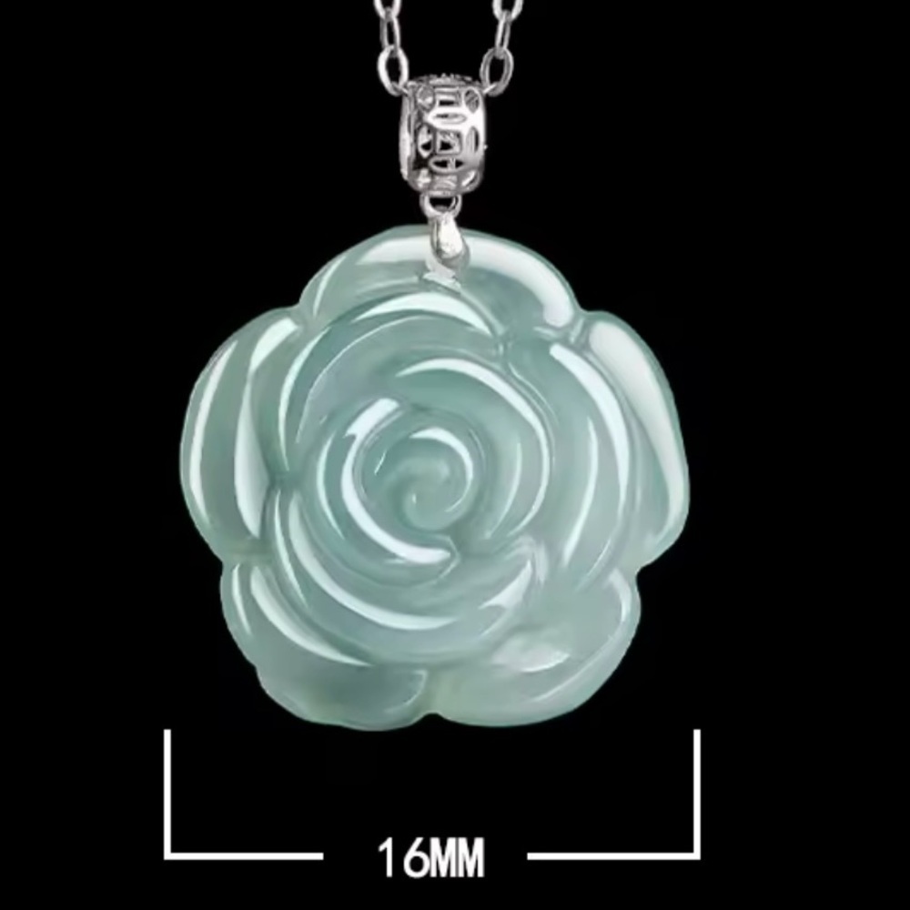 Elegant Jade Green Rose Pendant Necklace 925 silver